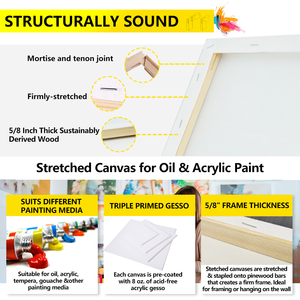 Tela in Cotone 100% con Telaio Stirato, Tela Bianca per Artisti, Pre-Primerizzata per Pittura a Olio e Acrilica, Materiali Artistici - Product Image 4