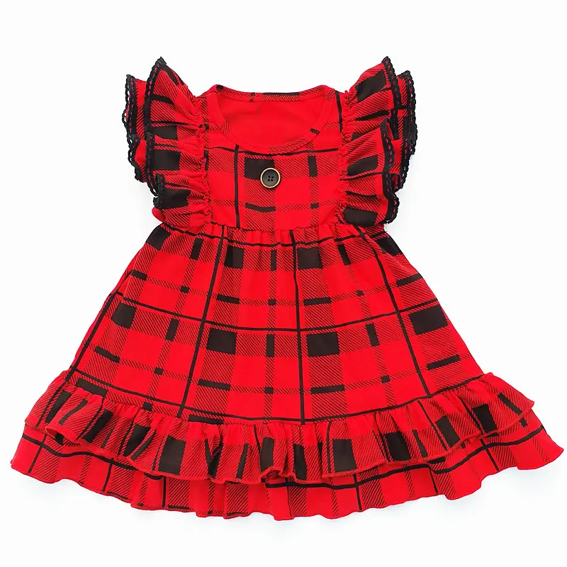 Hochwertiges Weihnachts kleid für Baby Mädchen Mädchen Baumwolle Kleid Design rote Plaids Vintage Rüschen Kleid Kurzarm Röcke Frühling