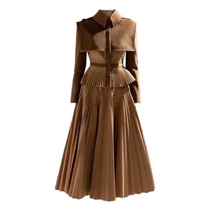 Conjunto de <span class=keywords><strong>Falda</strong></span> Plisada de Tela No Tejida <span class=keywords><strong>con</strong></span> Cremallera Vintage de Tailor Shop, <span class=keywords><strong>Traje</strong></span> Largo de Dos Piezas Marrón Formal para Otoño e Invierno - Product Image 5