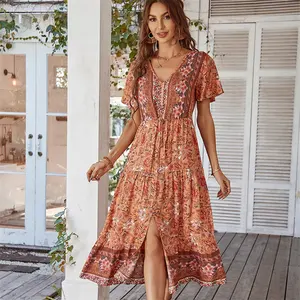 Váy Nữ Mùa Hè Phong Cách Boho Beachwear Dressing Resort Girls Tay Ngắn Sexy Midi Váy In Hoa