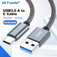 Câble USB3.0 en alliage d'aluminium tressé ULT-unite USB3.0 a vers c, câble de type c, câble de charge rapide, câble de données 10 Gbps, 60 W