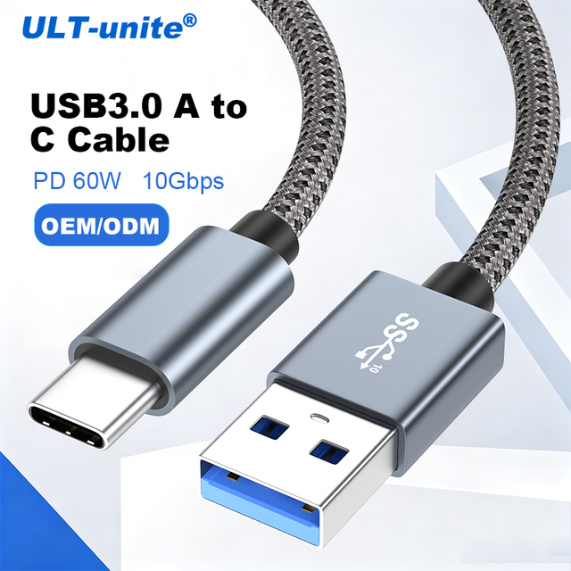 ULT-unite USB3.0 Aluminum Alloy Braided USB3.0 a to c Cable Type c Cable Fast Data Charging Cord 10Gbps Data Cable 60w