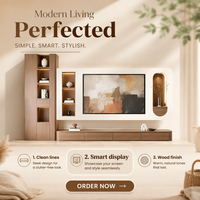 Mueble de TV Curvo de Lujo Discreto, Mueble Multimedia Moderno Integrado de Madera de Nogal con Nicho Arqueado e Iluminación LED