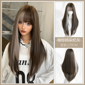 <span class=keywords><strong>Parrucca</strong></span> Sintetica Ainizi Stile Coreano di Alta Qualità, 70cm <span class=keywords><strong>Lunga</strong></span>, Liscia con Frangia, Marrone Caffè Miscelato con Grigio, Senza Taglio, Senza Pizzo - Product Image 6