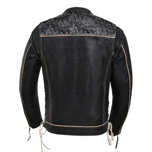 Veste de motard en cuir véritable pour homme, broderie flamme, noir beige, poches latérales, dentelle OEM - Product Image 2