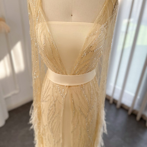 Sharon Said SS420 <span class=keywords><strong>Vestido</strong></span> de noche amarillo de <span class=keywords><strong>plumas</strong></span> de lujo con mangas de capa <span class=keywords><strong>Vestido</strong></span> de compromiso de Dubái para mujer Fiesta de boda - Product Image 2