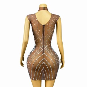 <span class=keywords><strong>Tenue</strong></span> de soirée sexy pour <span class=keywords><strong>femme</strong></span> avec perles brillantes, strass et garniture en maille transparente, idéale pour la danse, les cocktails et les anniversaires - Product Image 2