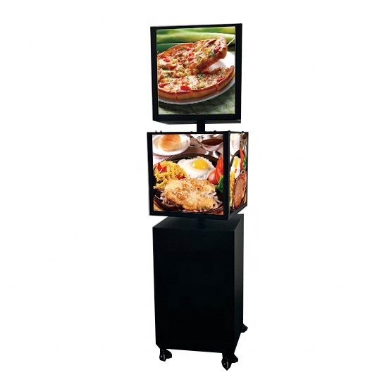 Free Standing 4-Sided Rotating Outdoor Advertising Light Box Display Two Layers Cube 30x30x30cm Black Metal Frame LED Lights