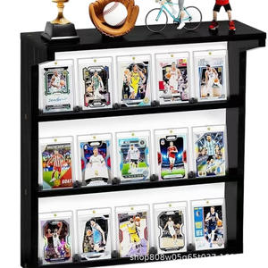 Wooden Wall Mounted Card <b>Display</b> <b>Shelf</b> 3 Tier Black Natural Wood Sports Trading Cards Rack For Collectibles - Product Image 3