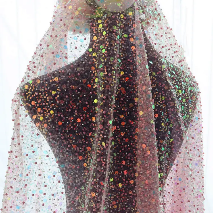 新作マルチカラービーズスパンコールレース生地ウェディングドレス縫製アクセサリー150CM
