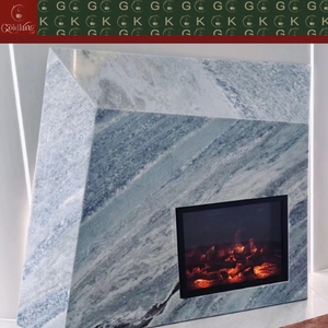 Chimenea Moderna GOLDKING para Interiores de Villas, con Revestimiento de Mármol Azul Cristal, Gris Claro con Vetas Azules Suaves, Corte Geométrico Asimétrico - Product Image 6