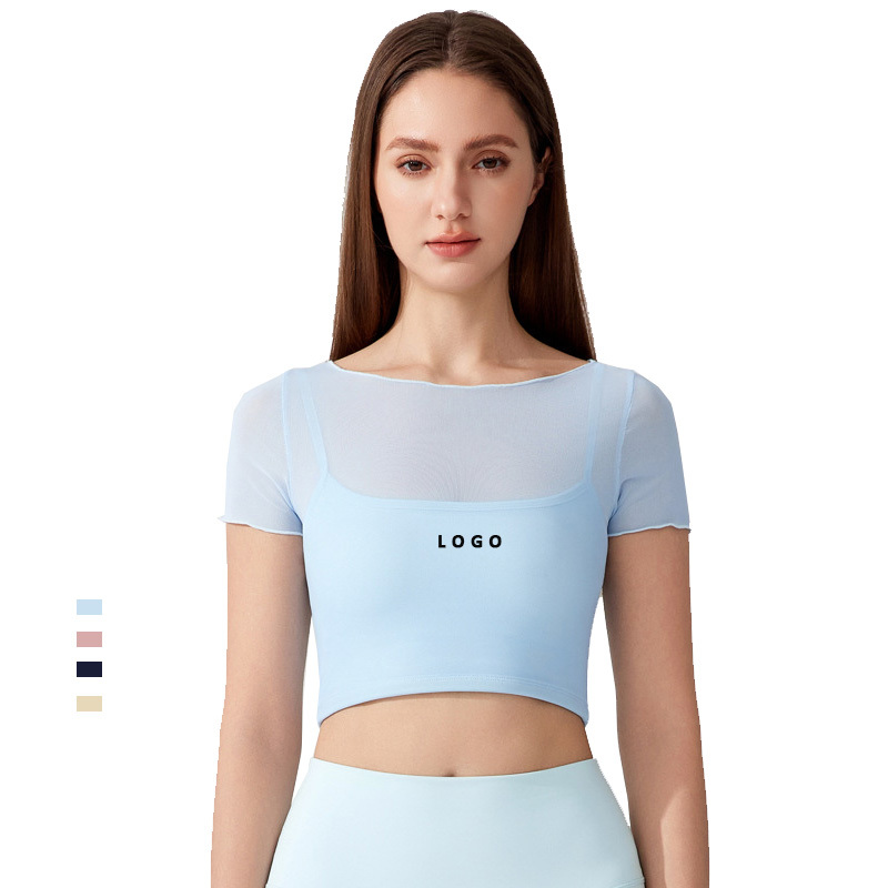 Women's Sports Wear Mesh Running Workout Yoga Top Quick Dry Breathable Clothing Fixed Padded Gym Fitness Short Sleeve T Shirt