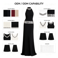 Robe de soirée formelle pour femme, col halter, col haut, richement ornée de perles et de sequins, sans manches, coupe ajustée, longueur maxi