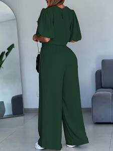 Conjunto de Dos Piezas para Mujer, Top Holgado de Cuello Redondo y Manga Media, Pantalones Rectos, Cómodo, Casual y Moderno para Uso Diario en Verano - Product Image 2