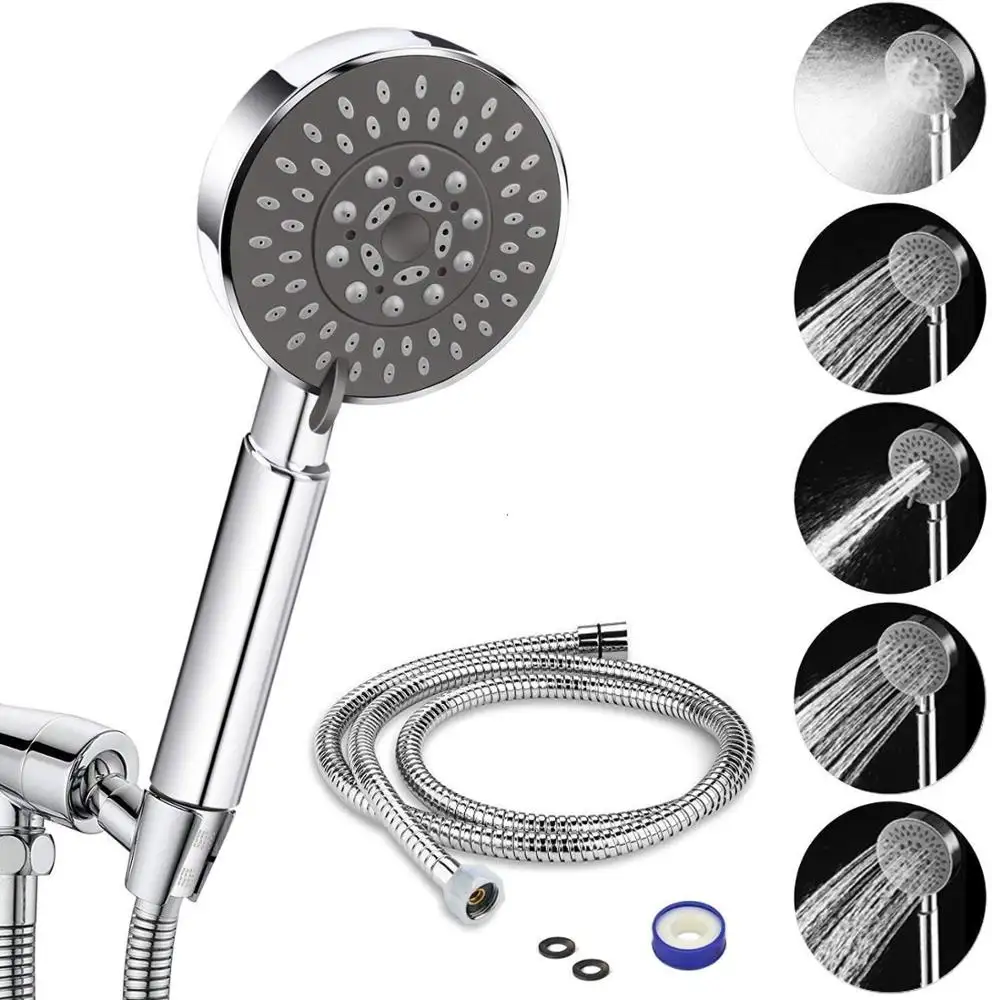 Shower Head with Hose Shower Head Universal Fitting with Adjustable 5 Sprays Modes Bath Handheld Handset Chrome