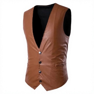 Traje de Invierno para Hombre, Estilo Urbano, Cuello en V, Color Sólido, de Cuero Negro, Cierre de un Solo Botón - Product Image 3