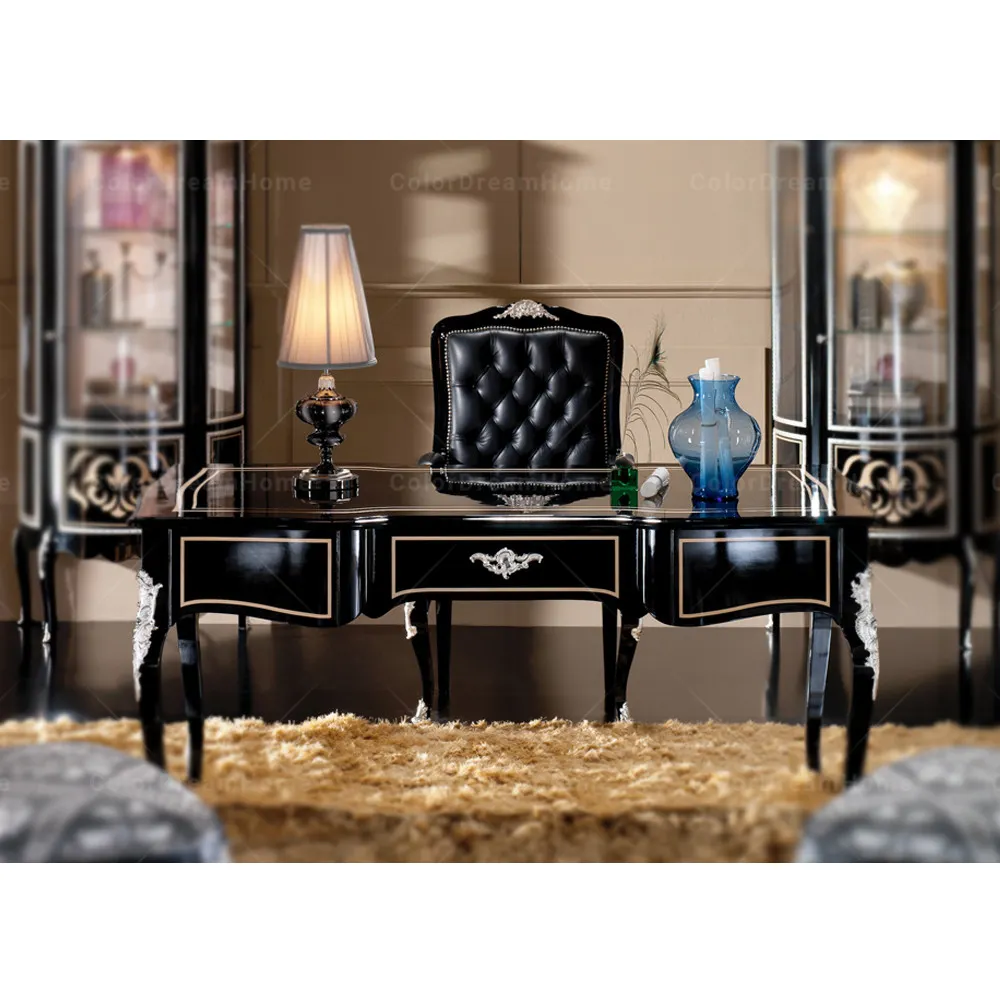 European luxury wooden black desk table and leather chair