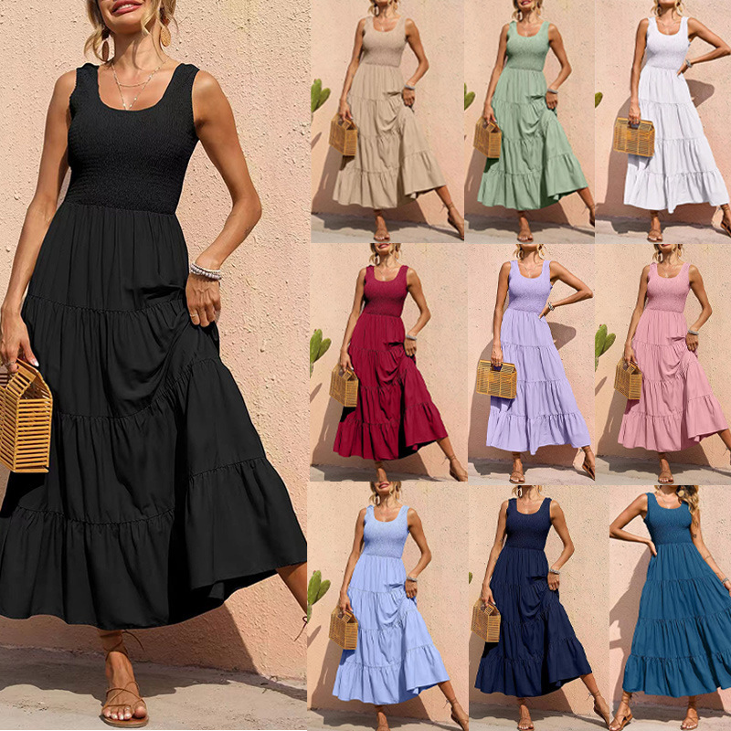 Vestido longo sem mangas para mulheres, vestido maxi casual elegante de cor sólida de verão personalizado