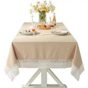 Luxury solid lace decorative elegant cotton linen look dining tablecloth yellow red coffee table cover table cloth wholesale