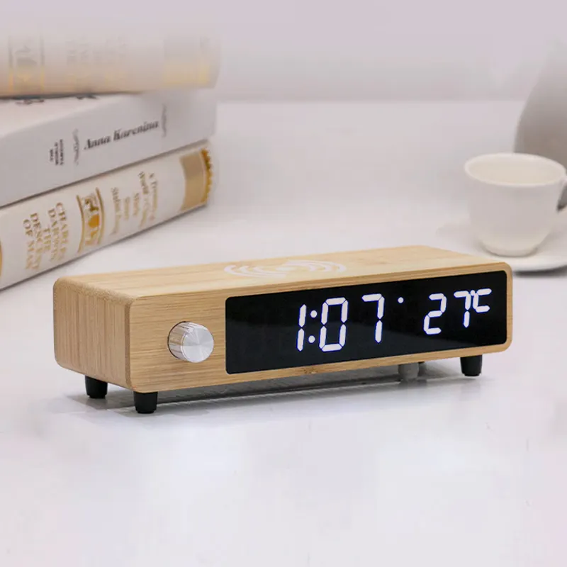 Knob Setting Digital Clock Sound Control 3 Alarms Led Display Bamboo Digital Alarm Clock With Wireless Charging For Bedroom
