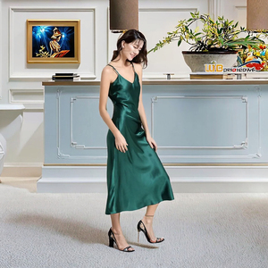 Clothing Manufacturers' Luxury Solid Silk Maxi for <b>Slip</b> Dress Custom ODM V-Neck Hollow Thin Strap Smooth Satin Breathable for - Product Image 3