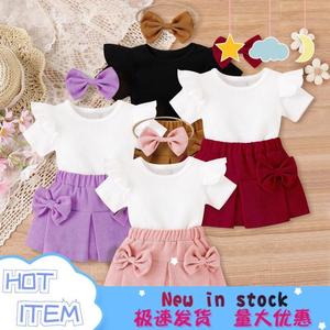 Children's Clothing New Summer Cute Baby Girl Flounced Sleeve Sunken Stripe Short Sleeve Multicolor <strong>Corduroy</strong> Skirt <strong>Outfit</strong> - Product Image 5