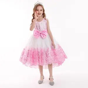 Оптовая продажа, кружевное детское платье NIMBLE с бантом, одежда для девочек с цветами, свадебные платья со шлейфом, детское вечернее бальное платье принцессы