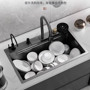 Évier de cuisine en acier inoxydable 304, cuve unique, moulage monobloc, robinet goutte d'eau intégré, grande taille, usage domestique - Product Image 3