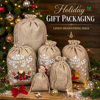 Sacs en lin écologiques pour Noël avec cordon de serrage, pochettes cadeaux de fête, vente en gros, emballage de bonbons du Père Noël, logo personnalisé par transfert thermique