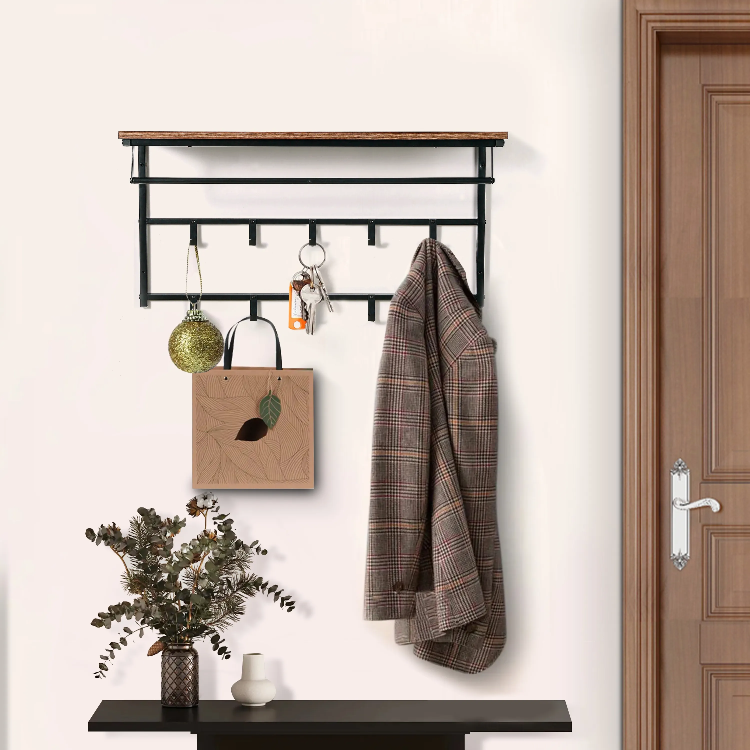 Wall mounted Vintage Coat Hat Hooks rack with Hanging hooks and Storage Shelf for hall