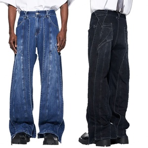 Vaqueros holgados de mezclilla azul con costuras en capas y patchwork a la moda para hombre, pantalones vaqueros apilados personalizados - Product Image 1