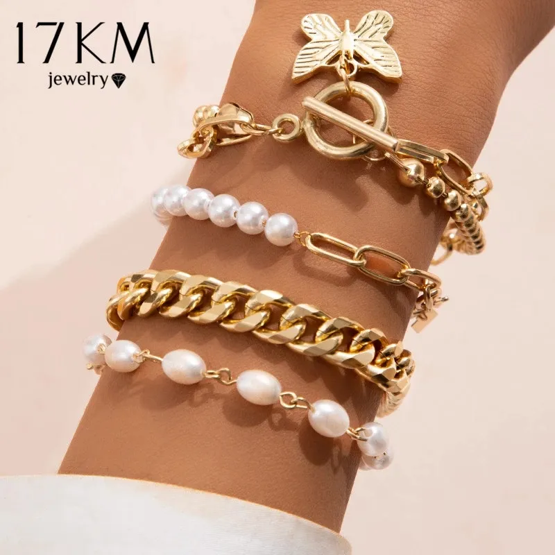 2022 New Bohemian Pearl Bracelet for Women Fashion Asymmetrical Gold Metal Butterfly Lock Charm Bangles Bracelets Jewelry Party