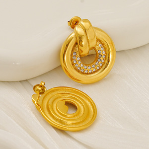 Gold Round Hoop <b>Stud</b> <b>Earrings</b> With <b>Crystal</b> Inlay Geometric Design Everyday Wear - Product Image 4