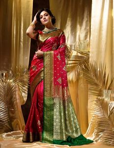 Festive Wear Women's Silk <b>Saree</b> <b>Red</b> With Green Border Traditional Ethnic Wear For Wedding Occasion India Pakistan Style - Product Image 3