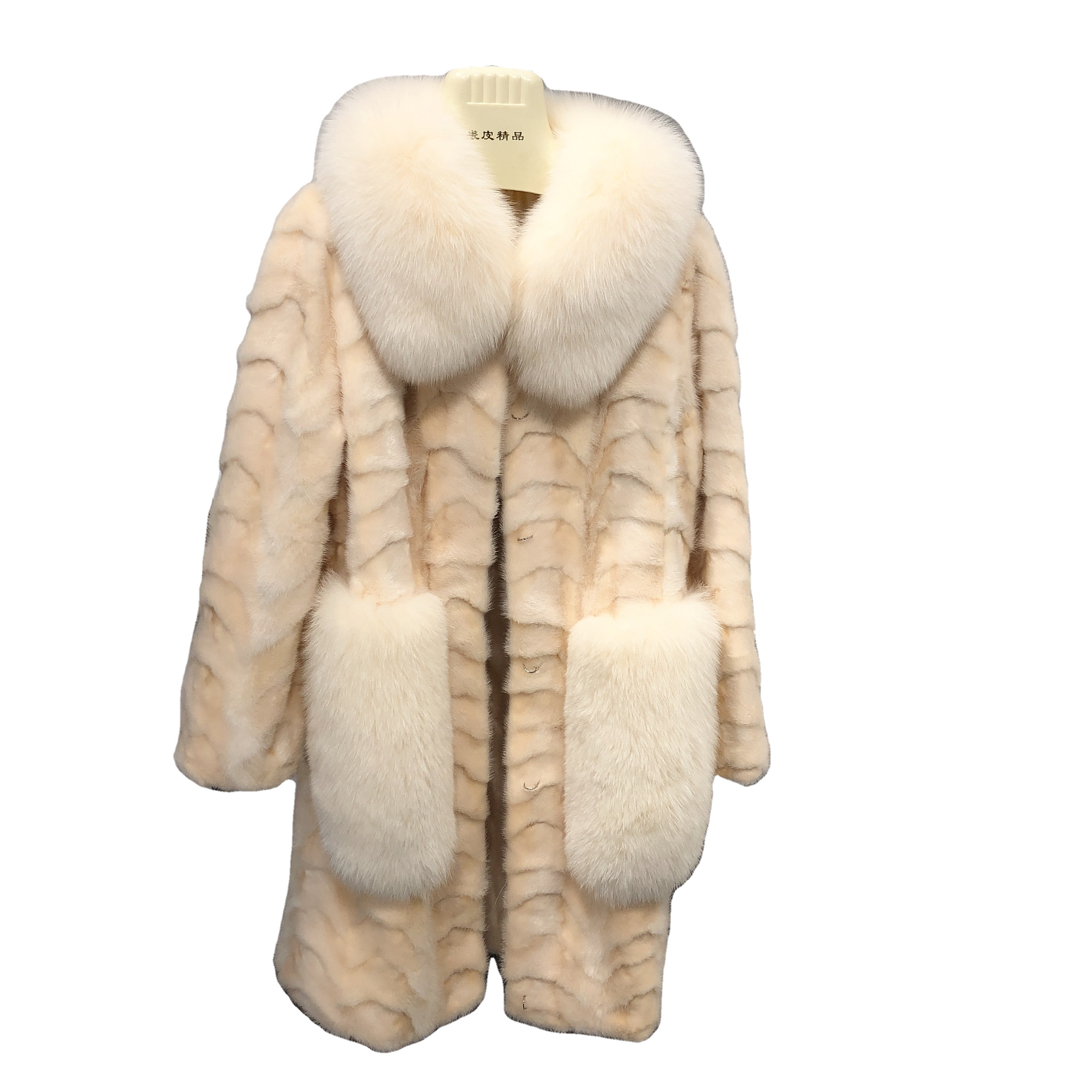 Manufacturers Custom Elegant Fox Collar Luxury Fur pockets long Natural Real Mink fur Coat plus size women's clothing