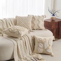 Housse de coussin carrée en polycoton tufté style crème, garnissage en coton PP, pour canapé de salon, avec pompons