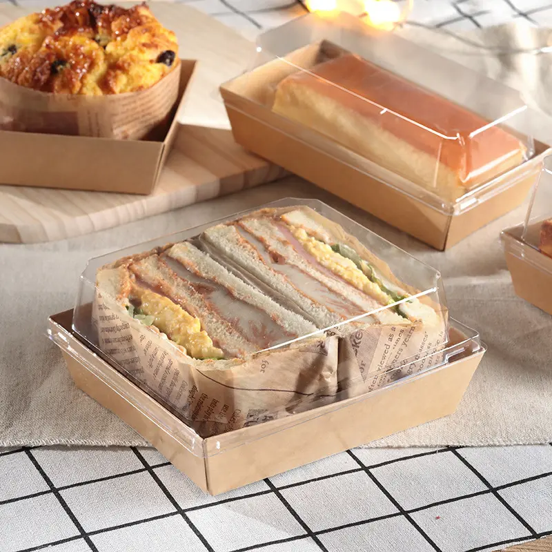 Cake Box Custom Sandwich Hamburger Rectangle Square Bread Hot Dog Kraft Paper with Clear Plastic Lid Food Packaging Disposable