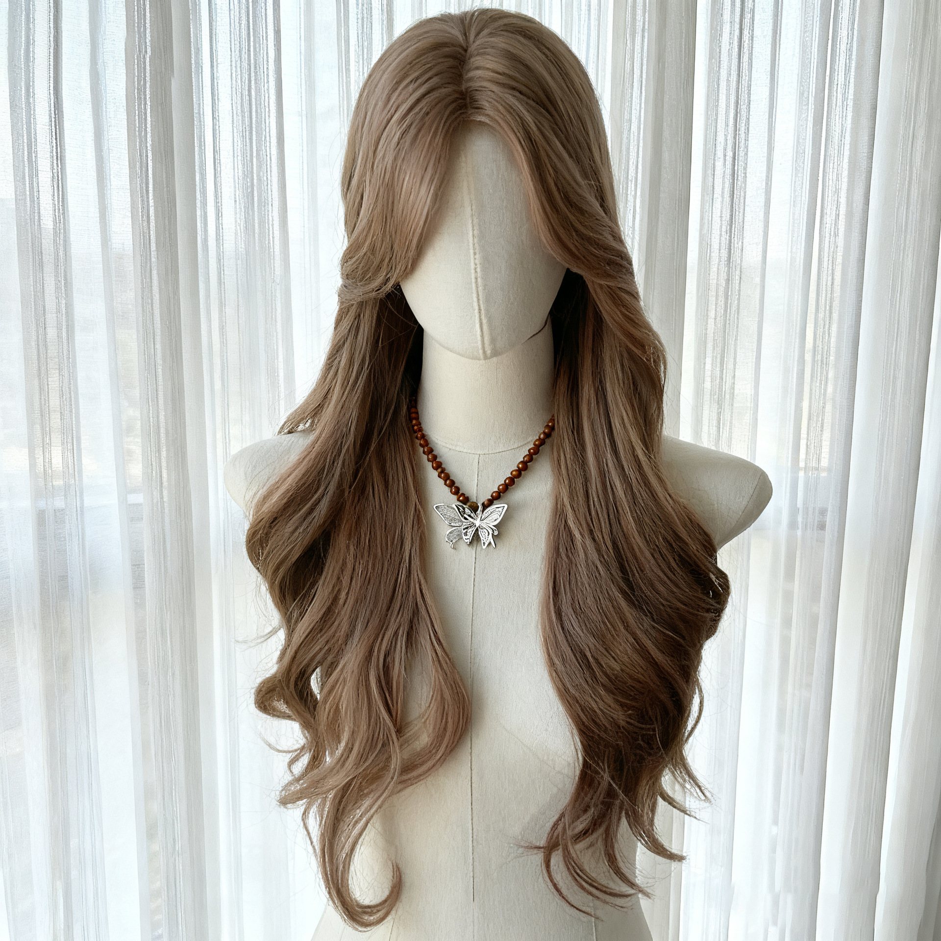 60ซม. [ลินินสีน้ำตาลทอง] ลูกไม้หน้าผาก