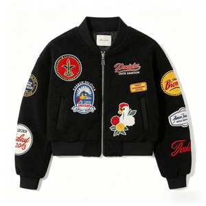 <span class=keywords><strong>Giacca</strong></span> Bomber <span class=keywords><strong>Nera</strong></span> in Pile Sherpa da Donna con Patch Ricamate Multiple, Streetwear Primaverile con Fodera in Cotone Ultra-morbido - Product Image 1