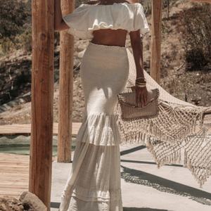 ชุดเซ็ต 2 ชิ้น กระโปรงยาวทรงเข้ารูปเอวสูงจีบสีพื้นใหม่ พร้อมเสื้อแฟชั่นผู้หญิง แต่งระบายชายกระโปรงแบบเค้ก - Product Image 3