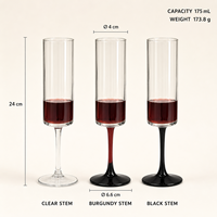 Verres à champagne et à cocktail cylindriques hauts de 175 ml en gros avec tiges transparentes, bordeaux et noires pour mariages, fêtes, hôtels et bars