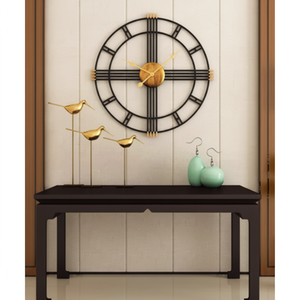 Reloj de pared de metal con números romanos negros y dorados, esqueleto clásico vintage grande, disponible a precios al por mayor. - Product Image 1