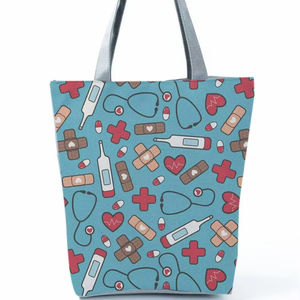 Sacs à main pliables à imprimé infirmière de dessin animé pour femmes, sacs à bandoulière de grande capacité, sacs de courses écologiques réutilisables, sacs de plage de voyage - Product Image 1