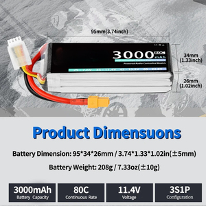 Литий-полимерный аккумулятор 11.<span class=keywords><strong>1</strong></span>В 3000мАч 6S 60C высокой мощности с разъемом XT60 для профессиональных радиоуправляемых моделей и OEM-проектов 802530 - Product Image 2