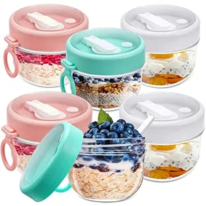 4 Pack Overnight Oats Containers With Lids And Spoons 16 Oz Glass+Plastic  For Overnight Oats Leak Proof Oatmeal Container - AliExpress