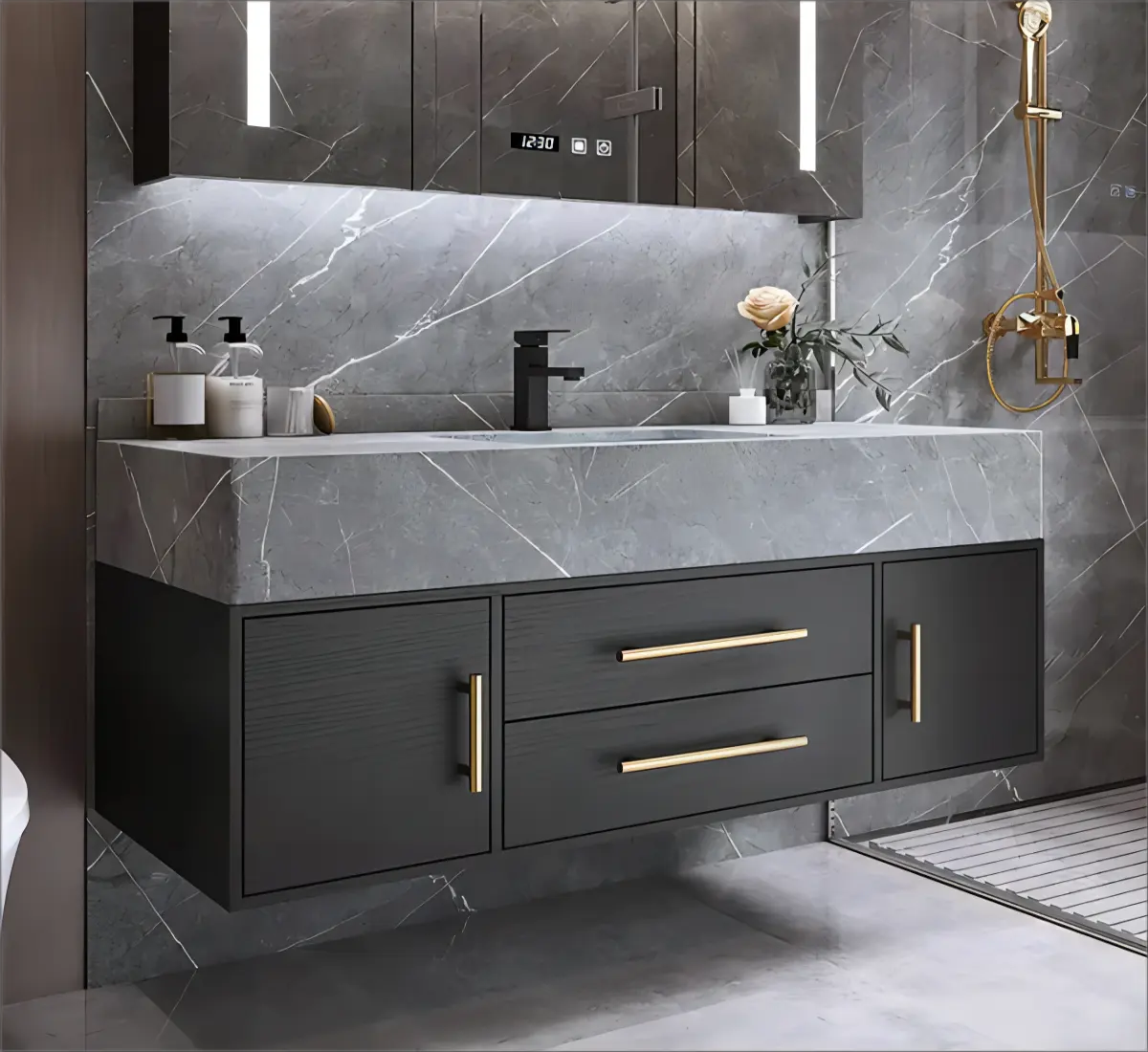 Kejia Luxus Schublade Moderner Badezimmers chrank Sperrholz und Marmorplatte Holzplatte Badezimmer eitelkeit mit Spiegel