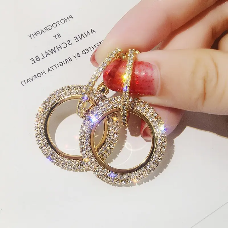 Trendy Fashion Jewelry Gold Plated Elegant Diamond Women Shiny Drop Double Hoop Circle Rhinestone Earrings