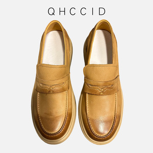 Qinhong Retro Soft Cowhide Loafers Light Brown Mid Heel <b>Slip</b> <b>On</b> Casual Leather Shoes For Men Summer 2026 - Product Image 2