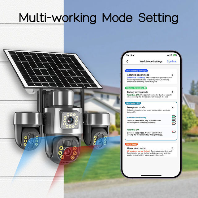 15MP 8K Wireless 4G IP66 PTZ Solar Floodlight CCTV Camera with Two-Way Audio 3-Lens Outdoor Security System CMOS