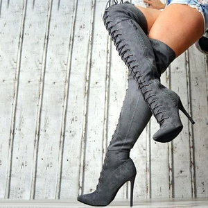 Skintight Suede Sexy Front Lace up Women Over <b>Knee</b> <b>High</b> Boots Thigh <b>High</b> Side Zipper Boots for Women Big Size 43 Thin Heel - Product Image 4
